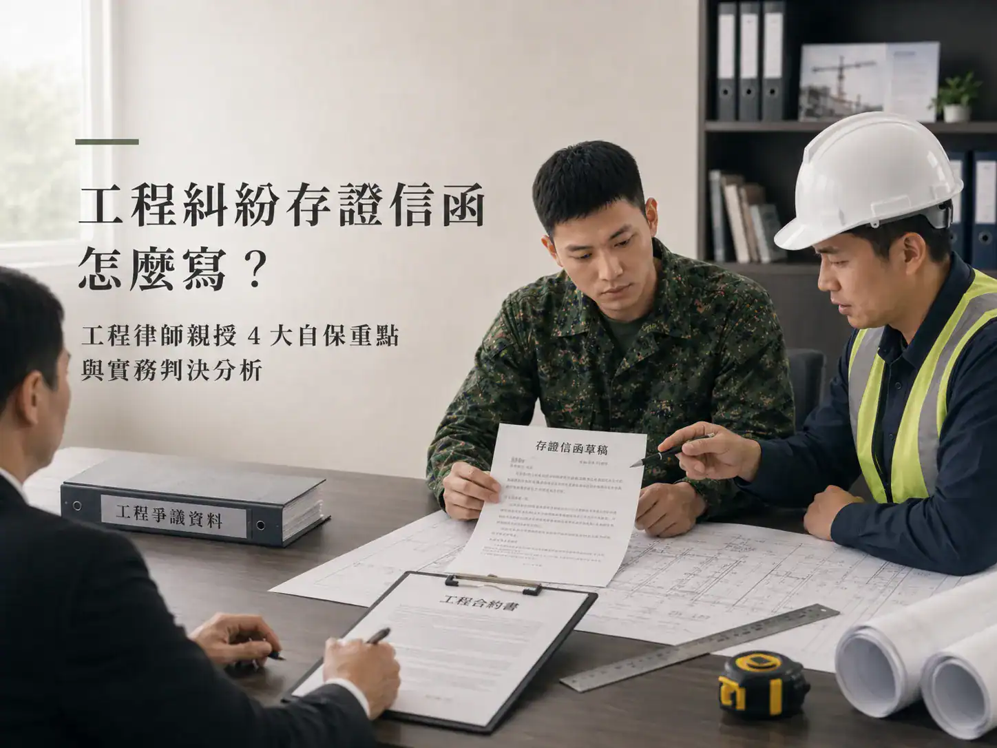 工程人員與律師討論工程糾紛存證信函內容，說明存證信函撰寫重點與自保方式